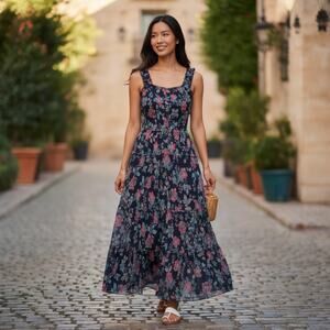 Lapis Navy Floral Maxi Dress with Pink and Green Accents